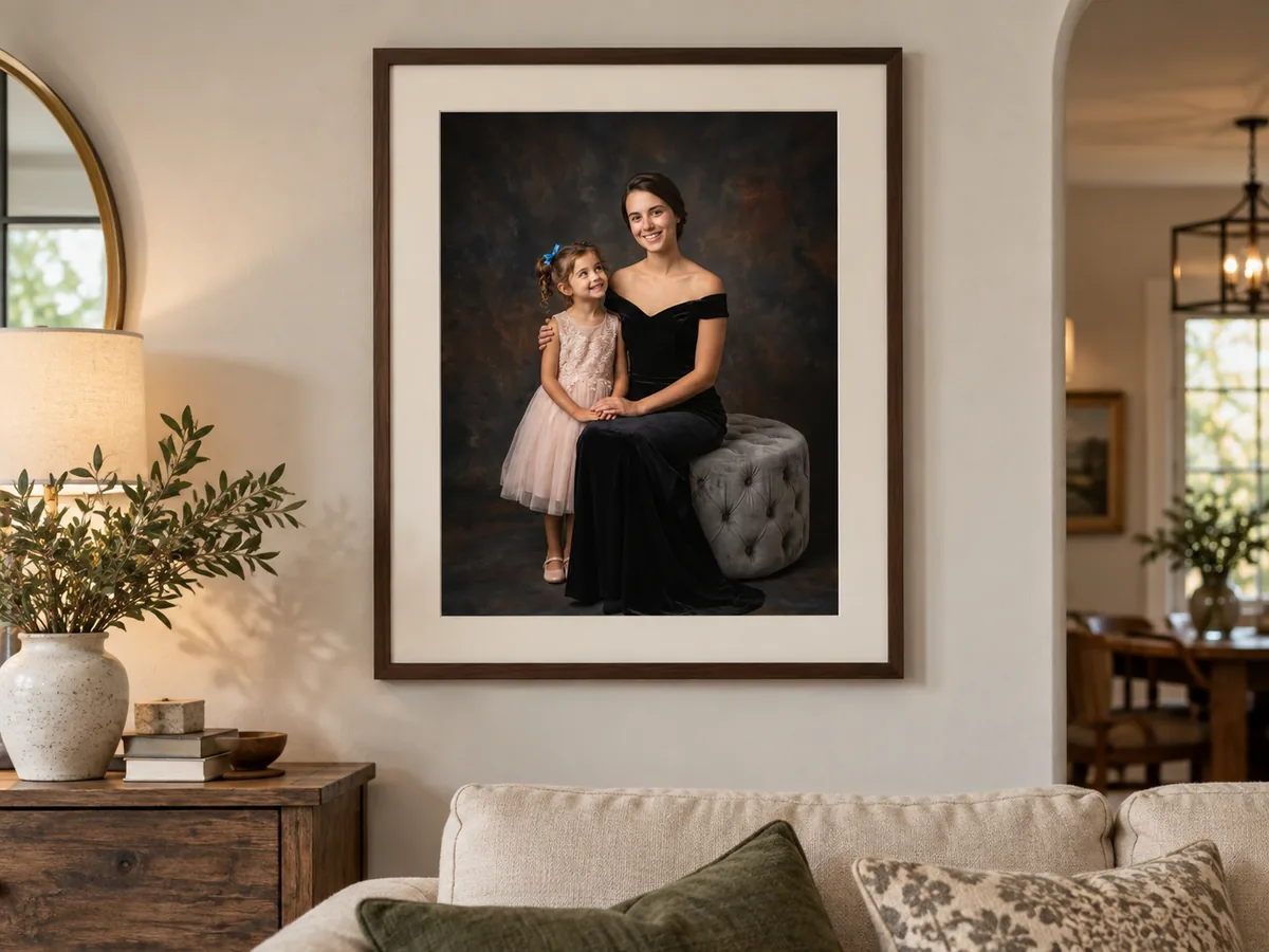 Framed fine-art portrait of a woman and girl with a white mat in a modern living room