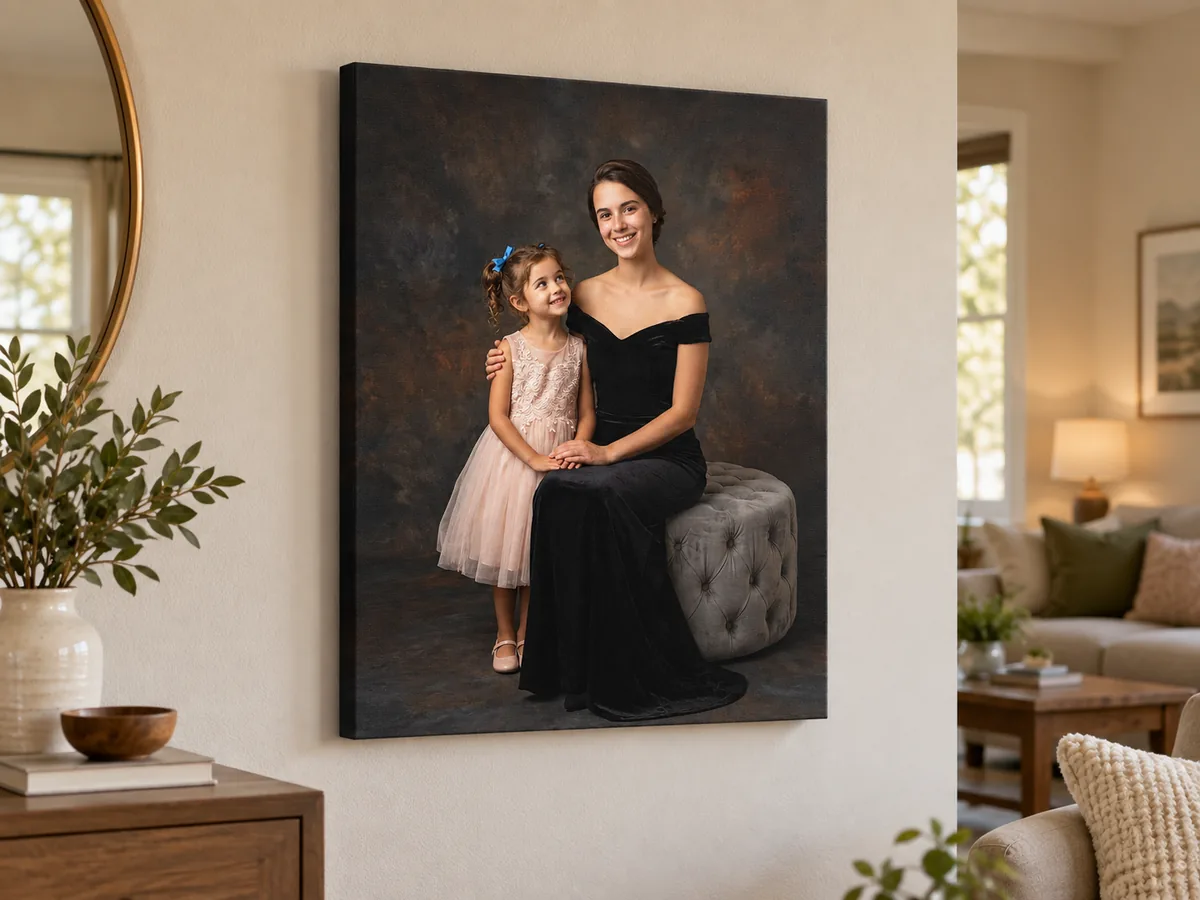 Gallery-wrapped canvas portrait of a woman and girl in a modern living room