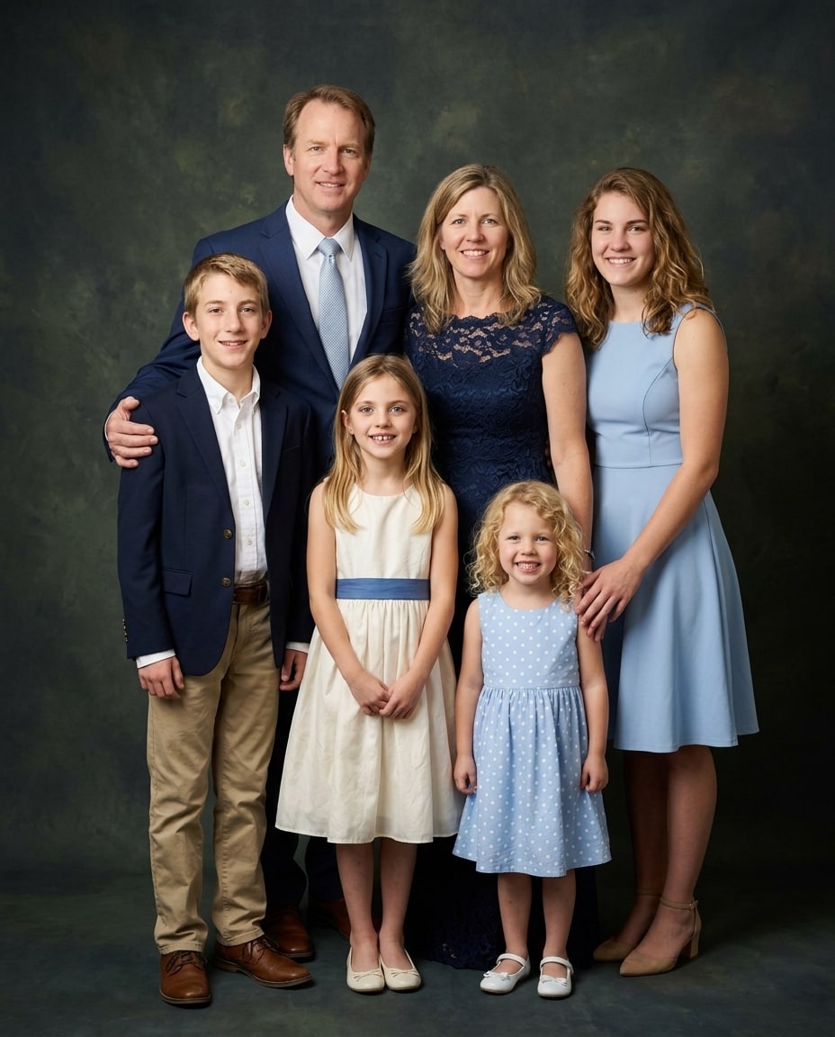 A family of six stands together smiling in coordinated shades of navy, light blue, and cream against a dark textured background.