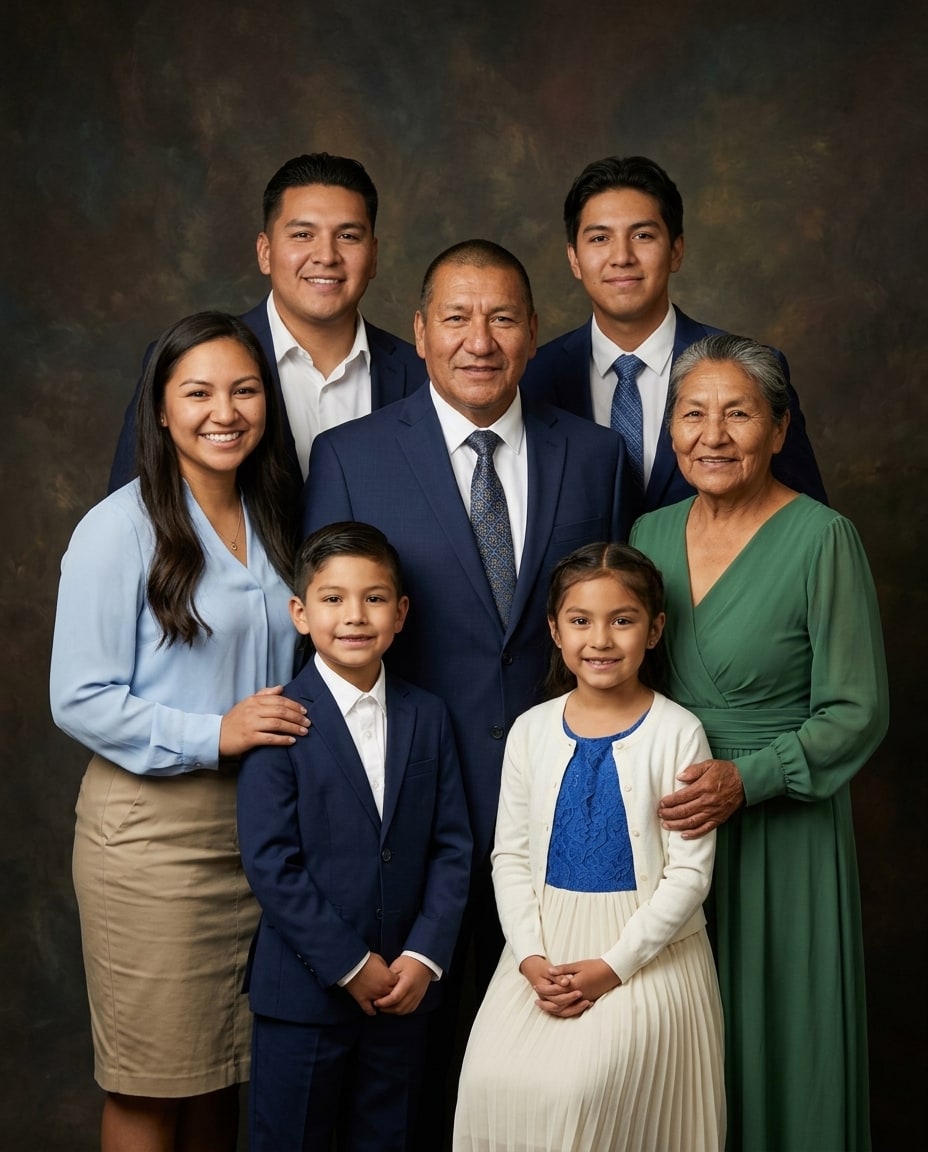 A multi-generational family of seven smiles together in formal blue and green attire against a dark brown background.