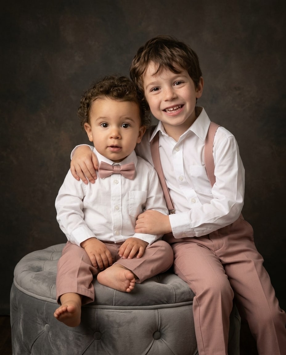 Two young boys wearing white button-down shirts and dusty rose trousers sit together on a grey tufted ottoman against a dark textured background.