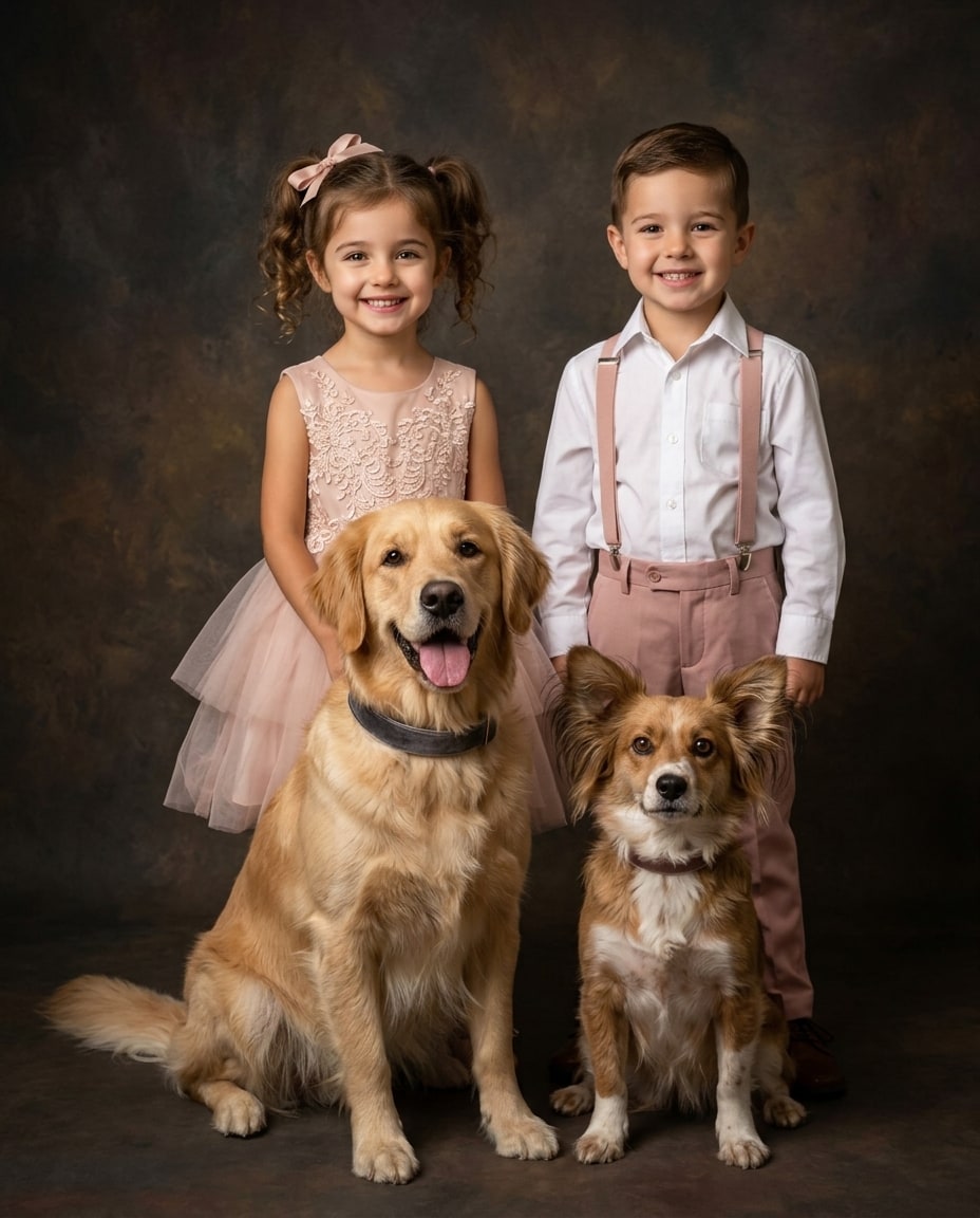Children with dogs pet portrait featuring a young girl and boy dressed in soft pink standing behind a golden retriever and a small brown dog.