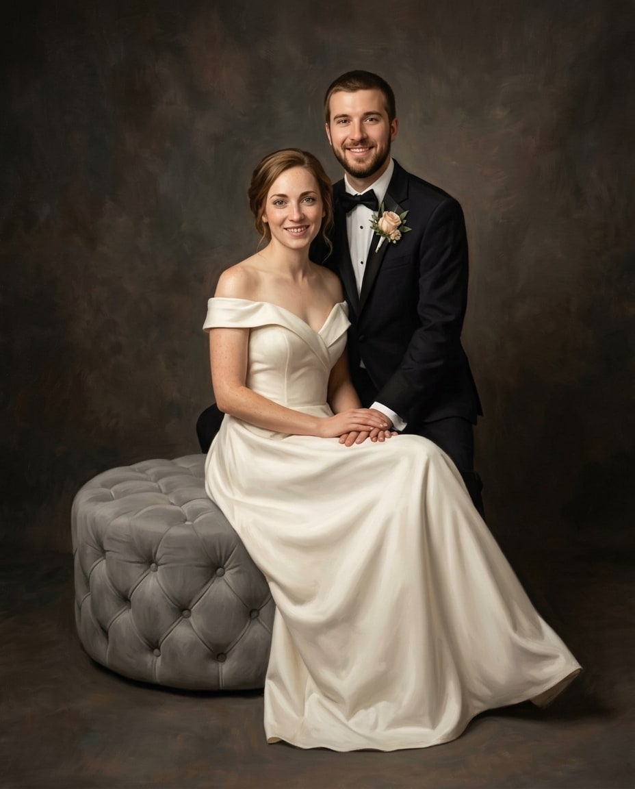 A wedding portrait created from a photo depicting a smiling bride seated on a grey tufted ottoman beside a groom in a black tuxedo.