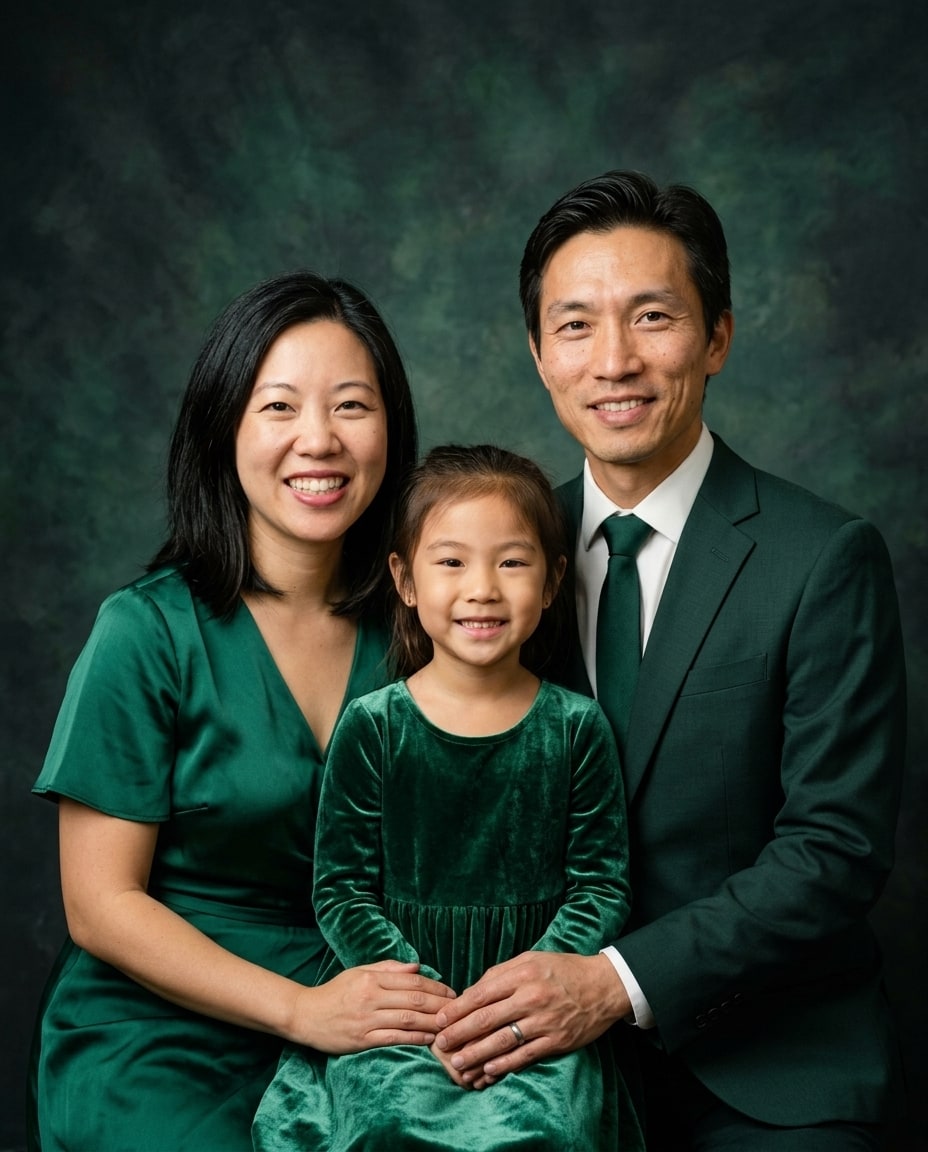A mother, father, and young daughter smile together wearing matching dark green formal wear against a textured green backdrop.