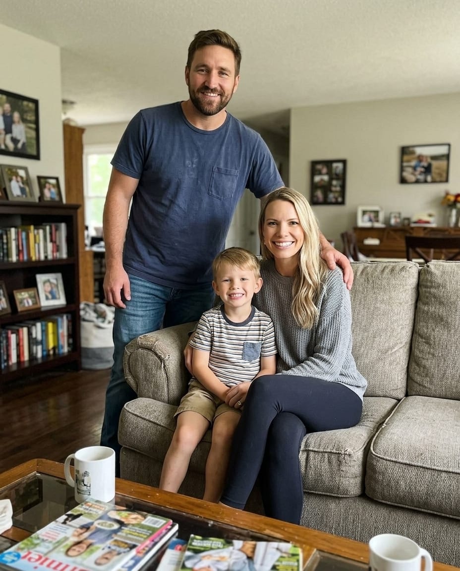 A father, mother and their young son at home, photographed on a phone