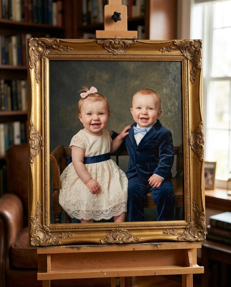A finished hand-painted oil portrait of two young children in a gilt frame, standing on an easel in a book-lined room